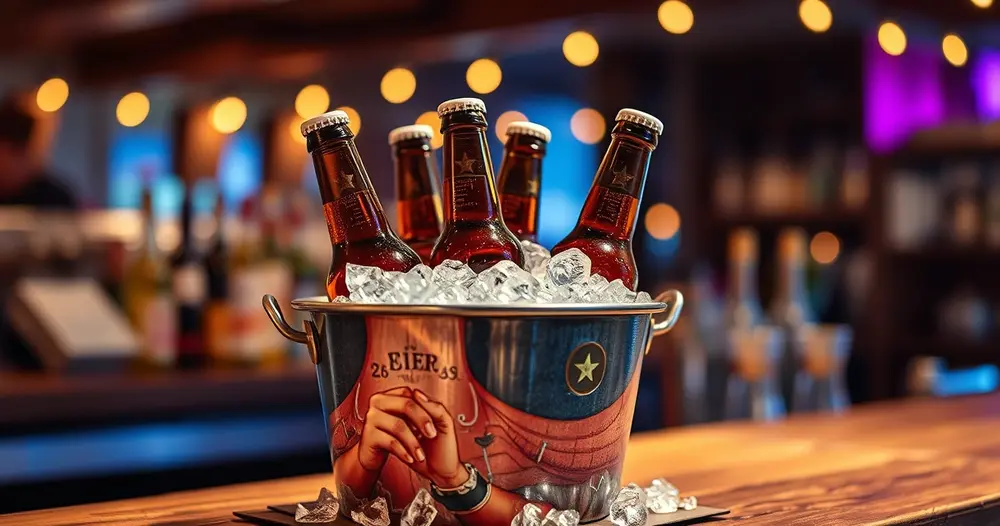 Balde de metal com gelo e garrafas de cerveja sobre balcão de madeira rústico