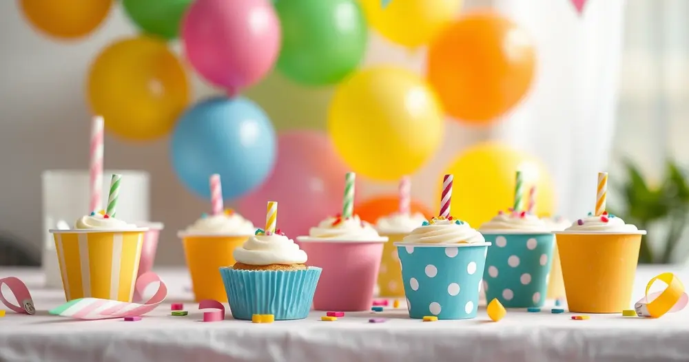 Mesa colorida de festa infantil com cupcakes, copos de papel e balões em tons pastel