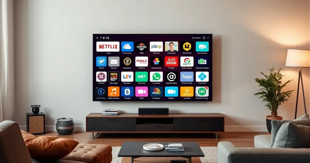 televisão inteligente na sala exibindo tela de aplicativos instalados