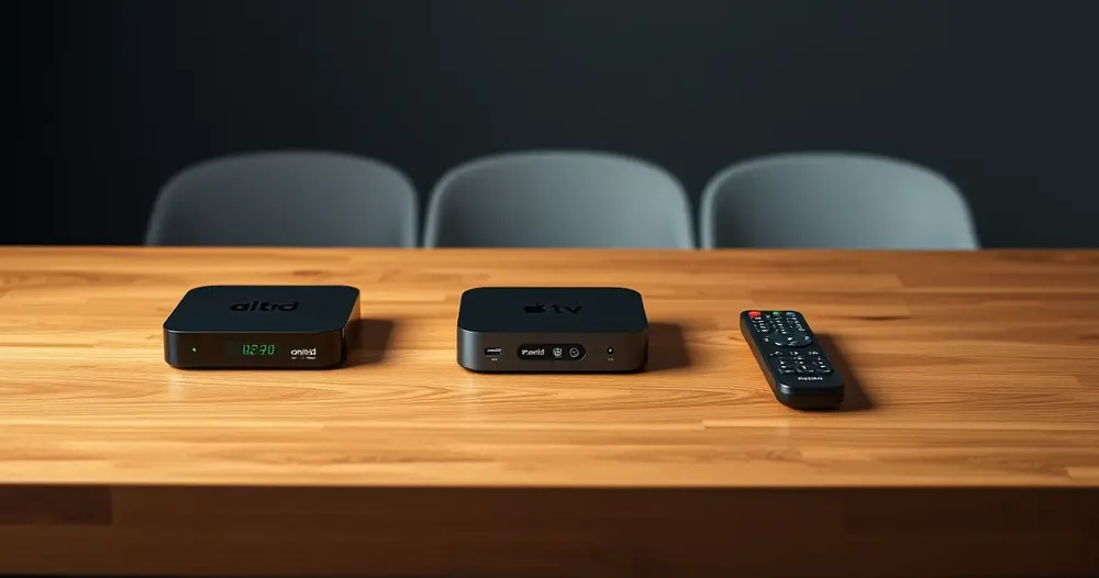 três aparelhos tv box lado a lado sobre a mesa com controles