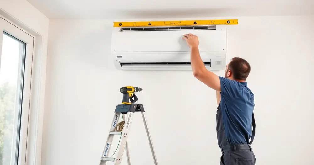técnico instalando ar-condicionado split na parede da sala