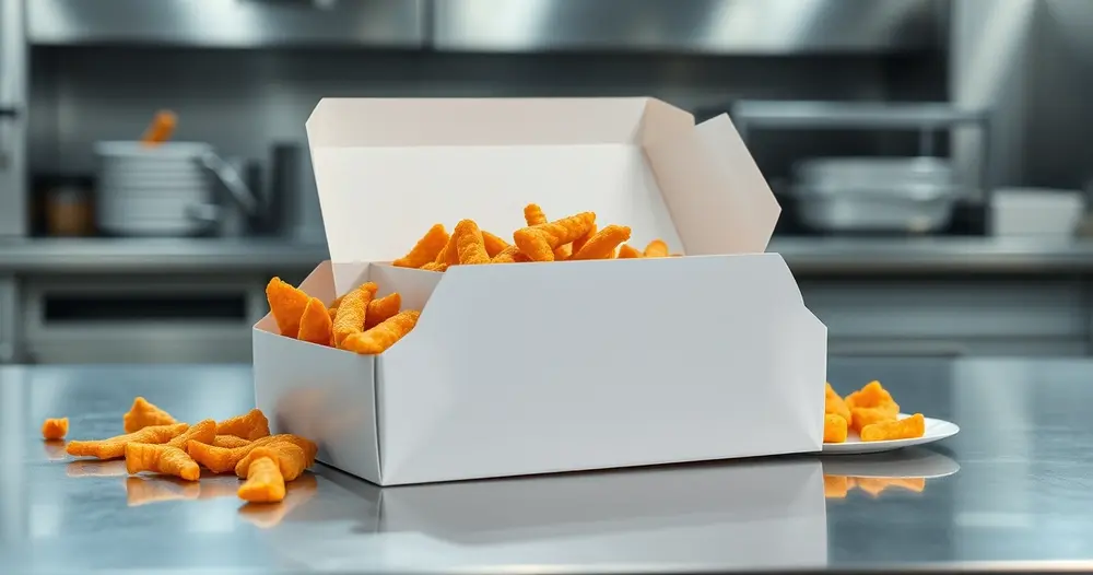 Caixa de papelão de buffet aberta sobre mesa de aço com fileiras de salgados fritos dourados