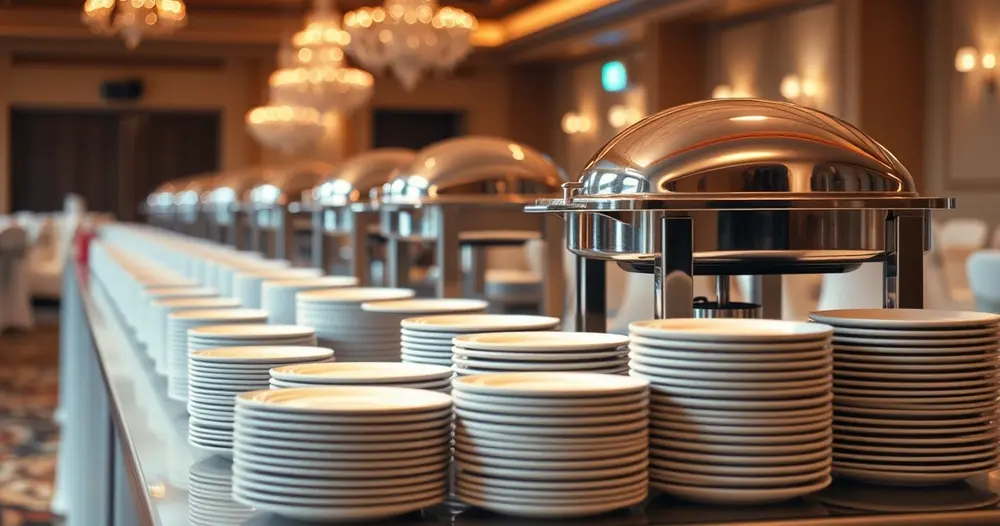 Fileira de rechauds de aço inox sobre balcão de buffet com pratos brancos empilhados ao fundo