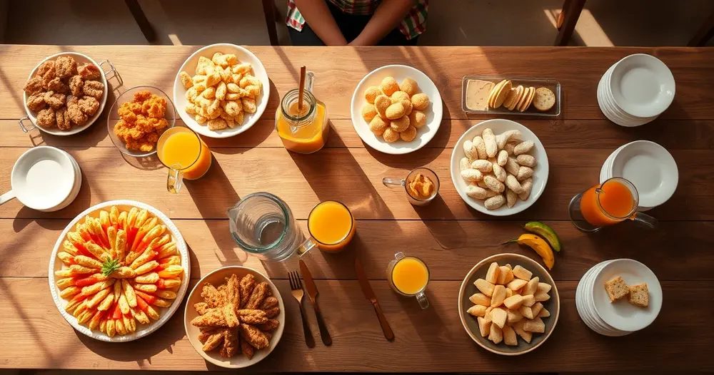 Mesa comprida de festa vista de cima com travessas de salgados, jarras de suco e pratos empilhados